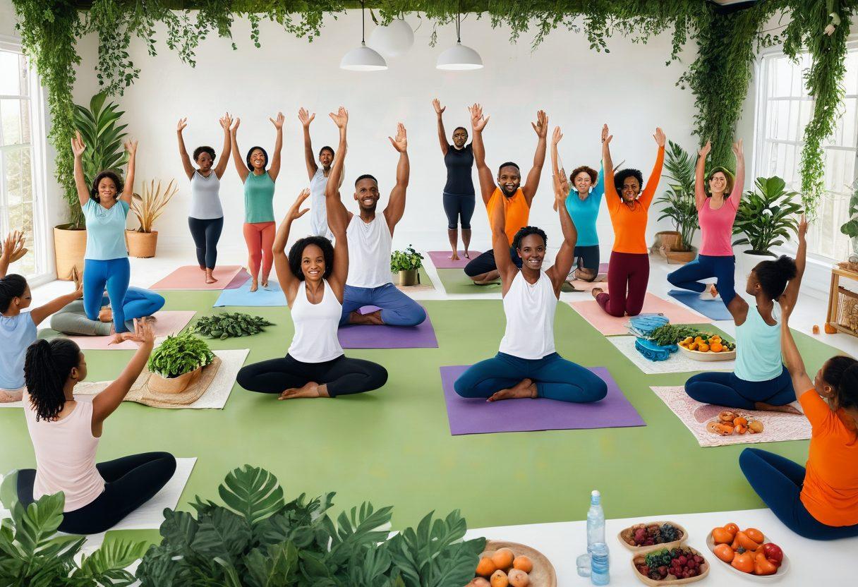 A dynamic scene showcasing diverse individuals actively engaging in health and wellness activities, such as yoga, cooking healthy meals, and group discussions on patient advocacy. Include symbols of empowerment like raised hands and supportive community vibes, illustrated in a warm and inviting environment. The background features greenery and health-related icons like hearts and leaves. super-realistic. vibrant colors. white background.