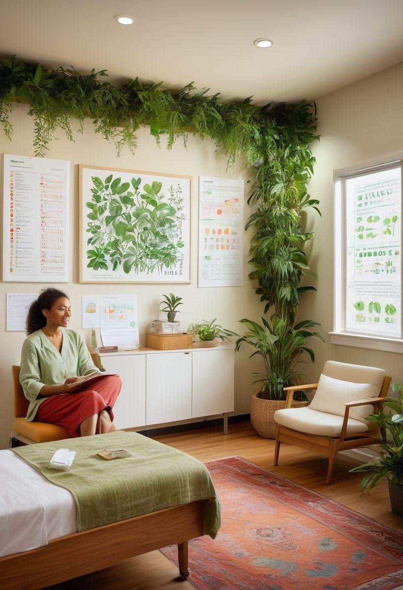 A serene scene depicting a diverse group of patients discussing wellness strategies with a friendly healthcare professional in a bright, inviting clinic setting. Include visual elements like informative charts and healthy lifestyle images on walls, along with plants for a calming effect. Emphasize empowerment through body language and facial expressions. super-realistic. vibrant colors. warm lighting.