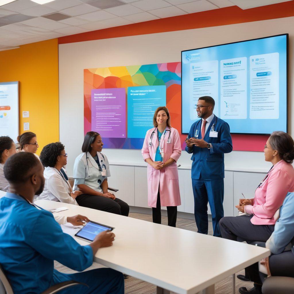 A diverse group of healthcare professionals and patients engaging in a collaborative discussion, set in a bright, modern healthcare environment. Infographics and educational materials about patient advocacy are visible on a large screen in the background. The atmosphere is warm and inviting, emphasizing support and empowerment in healthcare. super-realistic. vibrant colors. soft-focus background.